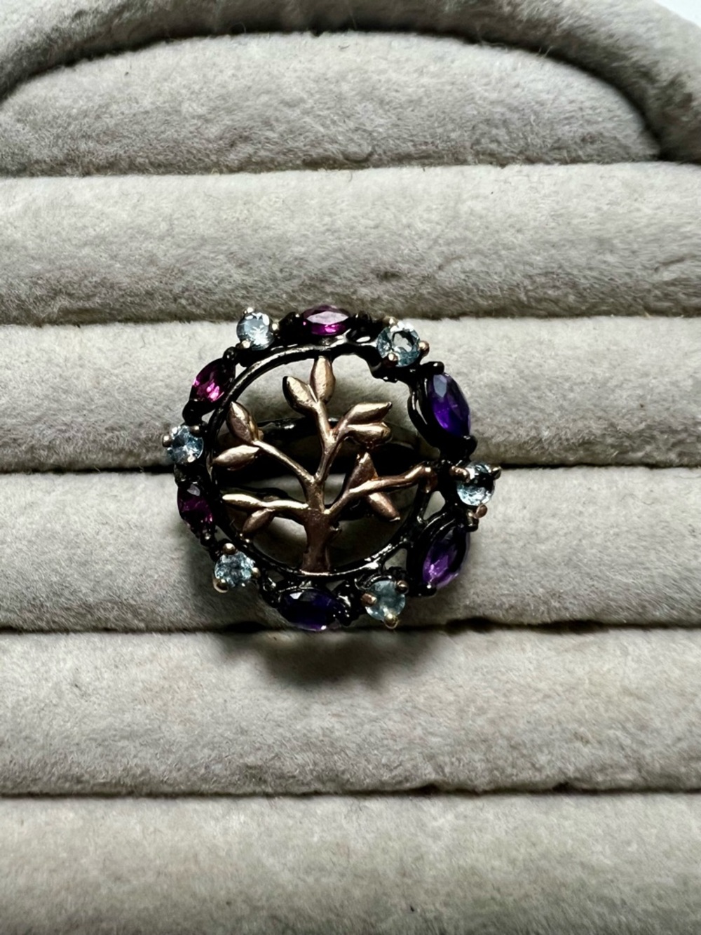 Tree of Life Crystal Circle Ring Amethyst & Topaz Accent Stones